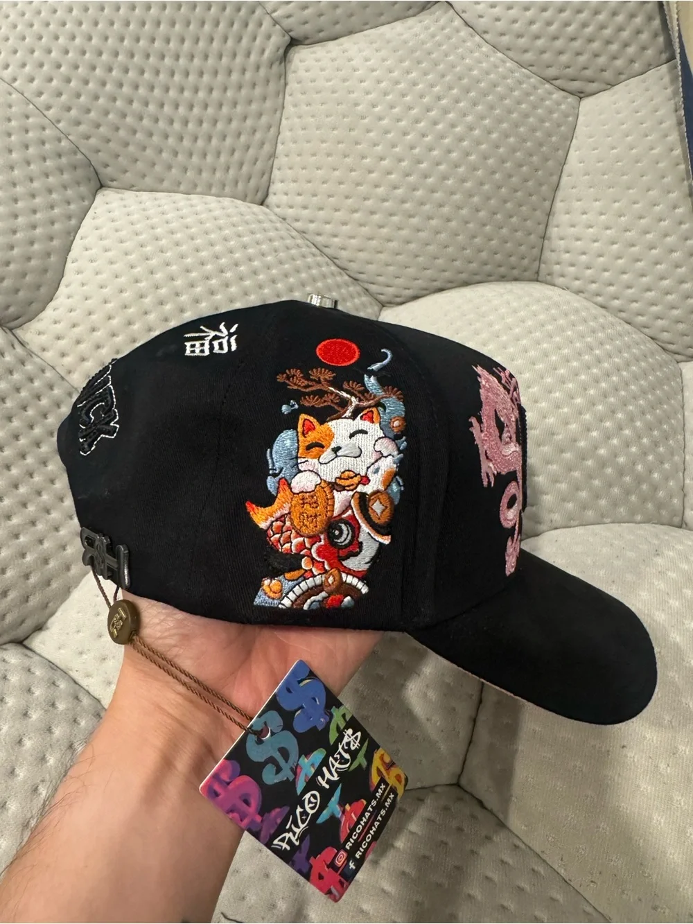 Black Baseball LA Cap with Rhinestones Pink Dragon & Embroidered Characters